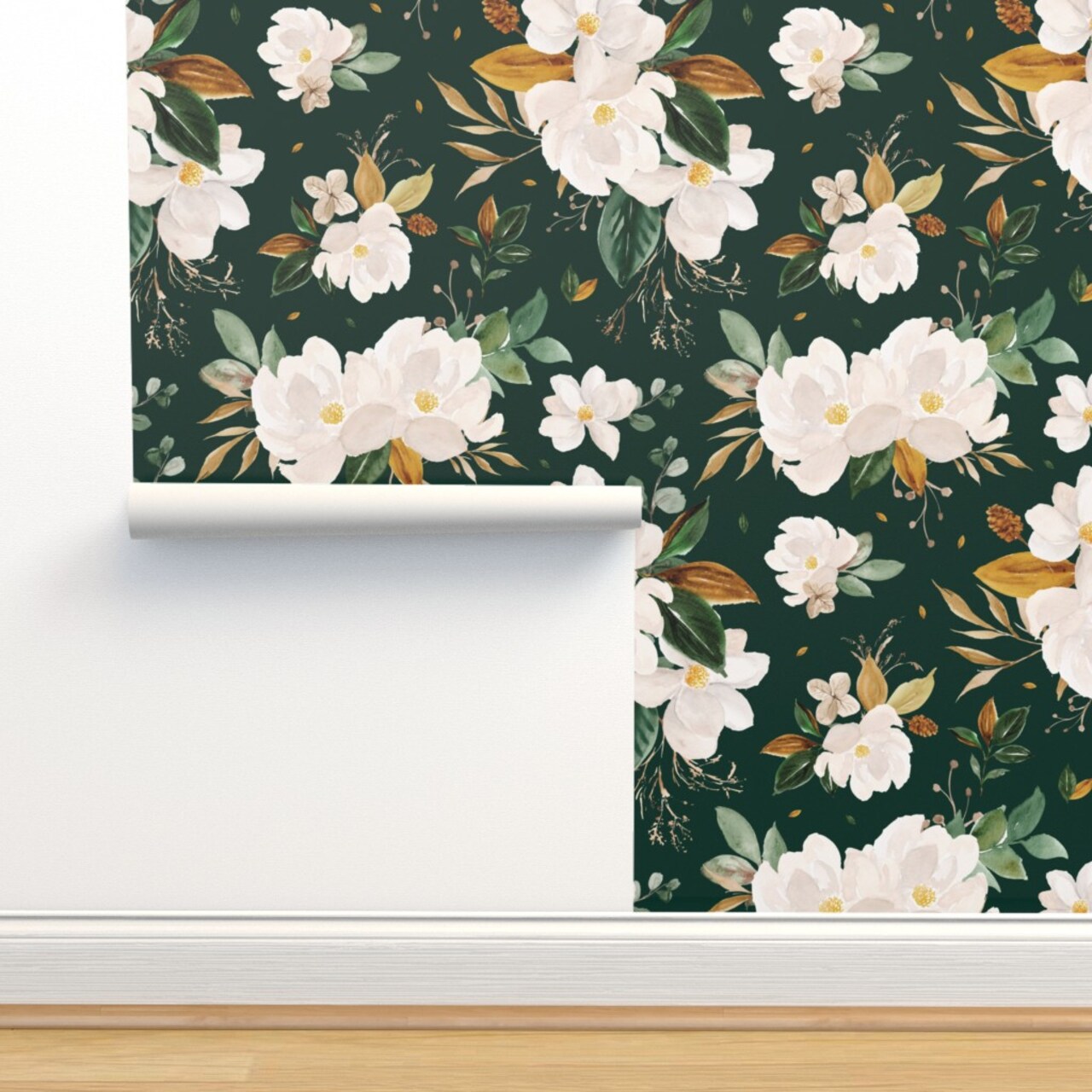 Gold Floral Monstera Green Background Flower White Custom Pre-pasted Wallpaper by Spoonflower Pre-Pasted Wallpaper 2FT Wide